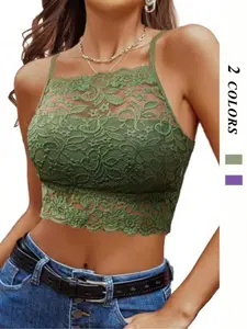 Women's Floral Lace Crop Bralette, Casual Adjustable Spaghetti Strap Lingerie Top for Daily Wear, Women's Lingerie for Summer