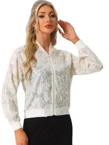 INSPIRE CHIC Women's Sequin Jacket Long Sleeve Zipper Sparkly Party Bomber Jacket