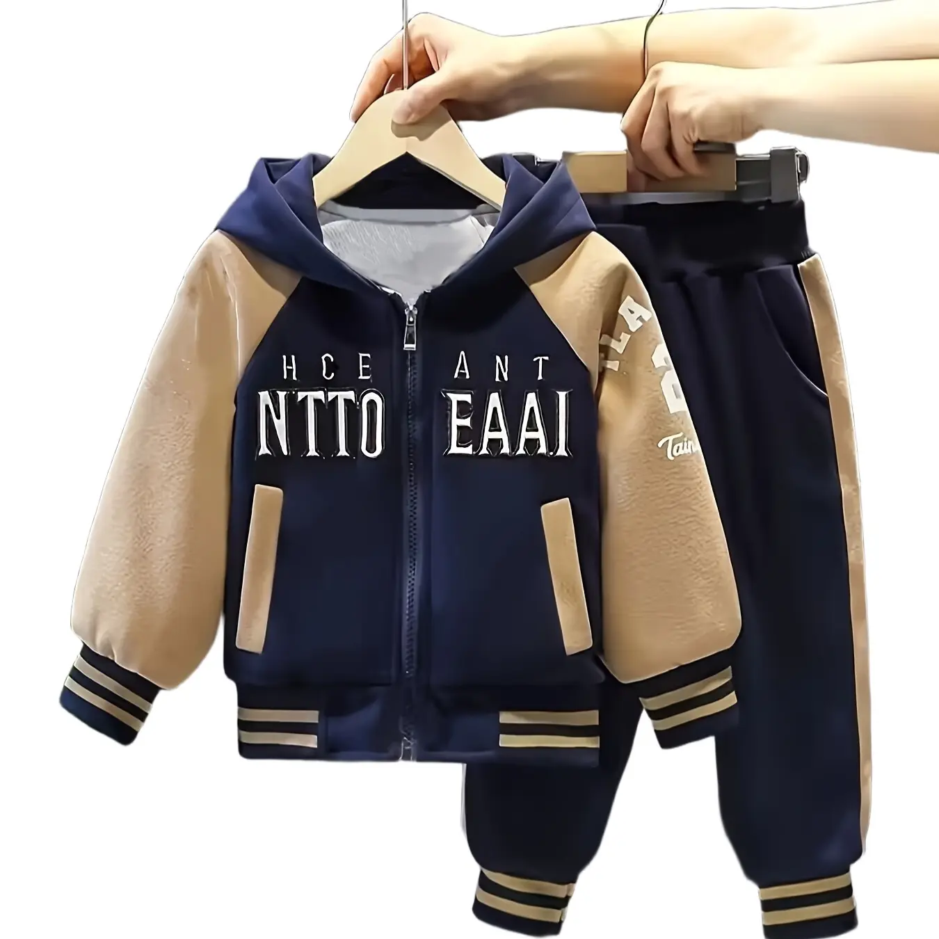 Two piece set of baby boys' spring and autumn letter printed hooded jacket and pants