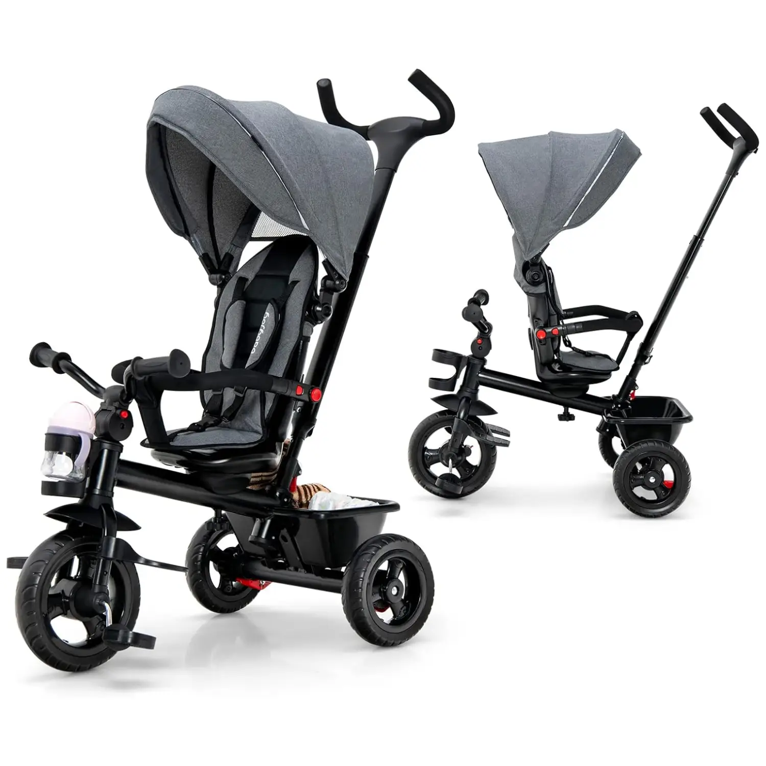 Costzon Tricycle, Toddler Bike W/Removable Push Handle, Reversible Seat, EVA Wheel, Adjustable Canopy, Cup Holder & Storage