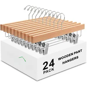 24 Pack Wooden Pants Hangers with Clips, 14"   Skirt & Trouser Hangers, Closet Hangers for Jeans, Slacks, Shorts, with 2-Adjustable Clips (, 24)