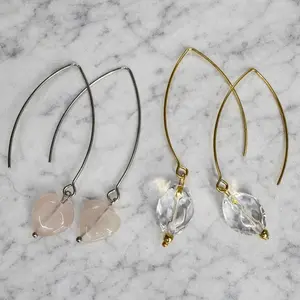 Small Stone Drop Earrings with Oval Stone and Two Gold Hoops