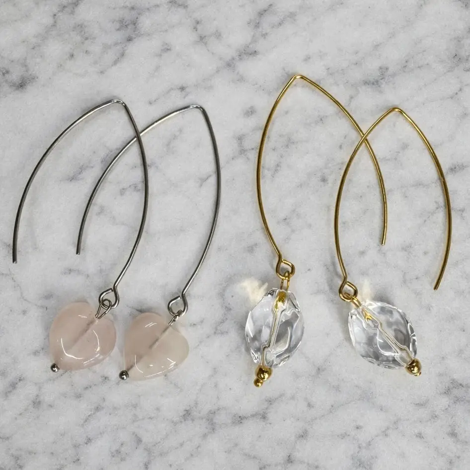 Small Stone Drop Earrings with Oval Stone and Two Gold Hoops