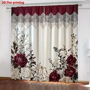 Vintage Rose Print Curtains Set, Home Textile, Fashionable Rod Pocket Window Drapes for Bedroom & Living Room, Comfortable Atmosphere, Easy Installation