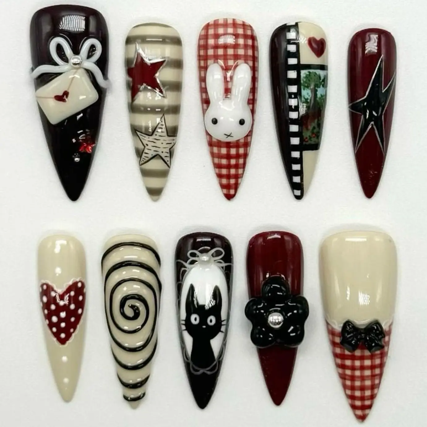 Vintage Cottage Press On Nails, Burgundy Gingham Design, Bunny Cat Character Art, Heart Bow Accent, Handmade Retro French Tip Nail Set