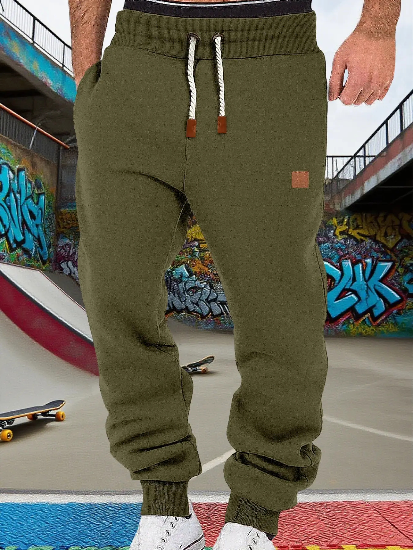 Men's solid color drawstring warm pants, small leather label design, pockets on both sides, windproof outdoors, soft and comfortable warm sports pants, suitable autumn and winter wear, regular version of casual daily men's pants, Casual Sporty Pants