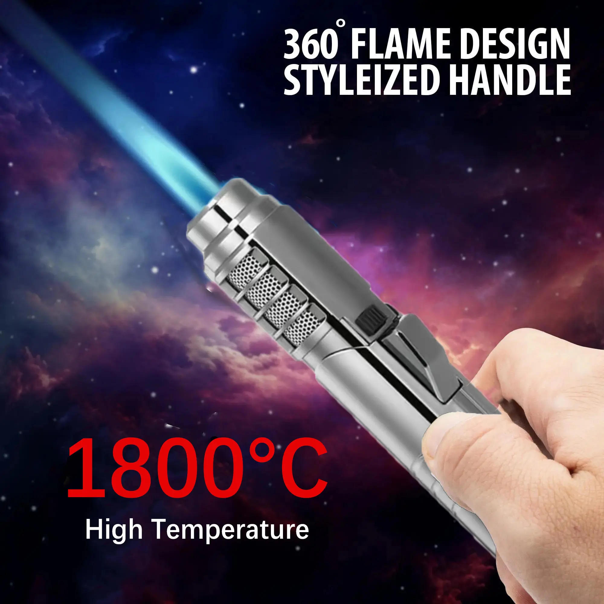 Premium Metal Style Butane Torch, 1800℃ High Temperature Refillable Lighter with Adjustable Blue Flame and Safety Lock for Camping & BBQ, 1800℃ Premium Metal Style