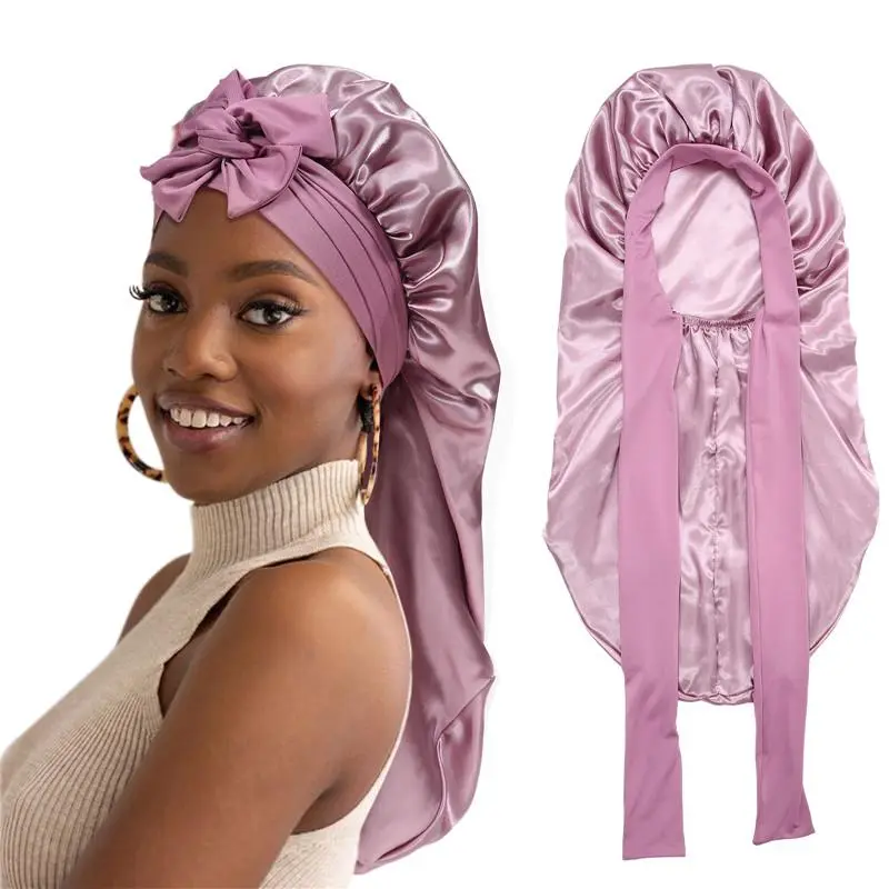 Long Satin Sleep Bonnet for Women, Double-Layer Haircare Cap with Adjustable Tie Band for Braids & Curly Hair, Reduces Hair Loss, Anti-Hair Loss