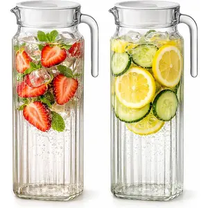 Glass Pitcher with Lid 2 Pack 34 oz Glass Water Pitcher with Handle, Ribbed Glass Container with Lid and Vented Spout for Fridge Shelf, Iced Tea, Lemonade, Juice
