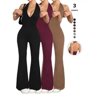 Women’s halter-neck jumpsuit, sleeveless deep V-backless design, flared-leg jumpsuit suitable for casual wear GARMENTARY