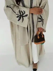 L177（1-Piece Light Beige Linen-Blend Open Abaya with Black Palm Tree Print, Casual Modest Muslim Kimono Outerwear）