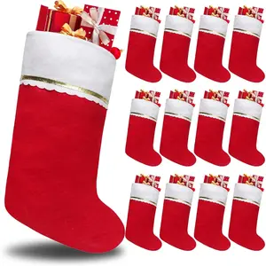 12 Pack 19 Inches Red & White Felt Christmas Stockings Hanging Ornaments, White Cuff with Gold Trim for Family Christmas Holiday Decorations