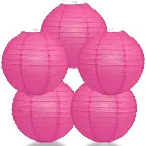 5-Pack 12 Inch Fuchsia / Hot Pink Parallel Ribbing Round Paper Lanterns