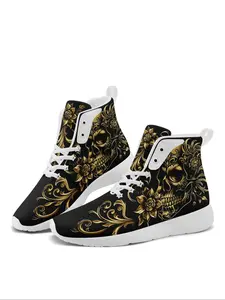Men's Punk Style Skull Print High Top Sneakers, Reflective Design Lace Up Front Sneakers, Breathable Comfortable Sports Shoes for Daily Wear