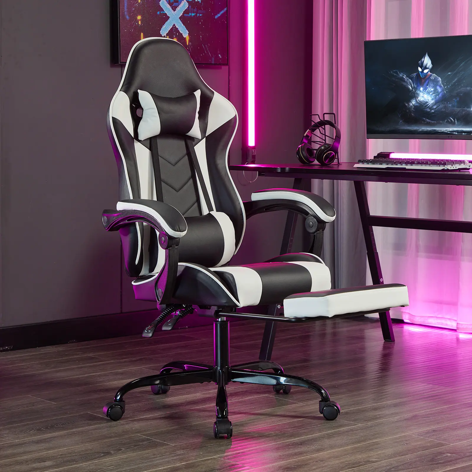 Ergonomic Gaming Chair with Footrest, Headrest & Lumbar Support - Breathable Height-Adjustable Computer Chair for Adults, Black White