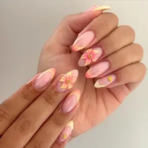 24pcs Medium Almond Nail Art Stickers, Gradient French Manicure, 3D Star Flower Pattern, Retro Style Full Coverage, Almond Fake Nails