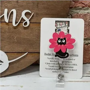Funny Black Cat Flower Cone Badge Reel Retractable, Cute Kitten Sunflower ID Holder Clip, Quirky Vet Tech Name Tag, Pink Flower Petal Collar Nurse Gift, Whimsical Pet Lover Accessory