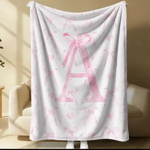 Coquette Pink Bow Initial Letter A Print Flannel Fleece Throw Blanket, Girly Preppy Soft Plush Throw Blanket, Kawaii Coquette Preppy Style Flannel Fleece Throw Blanket, for Kids Girls Room Bed Couch Decor, Gift for Girls, Birthday Gift