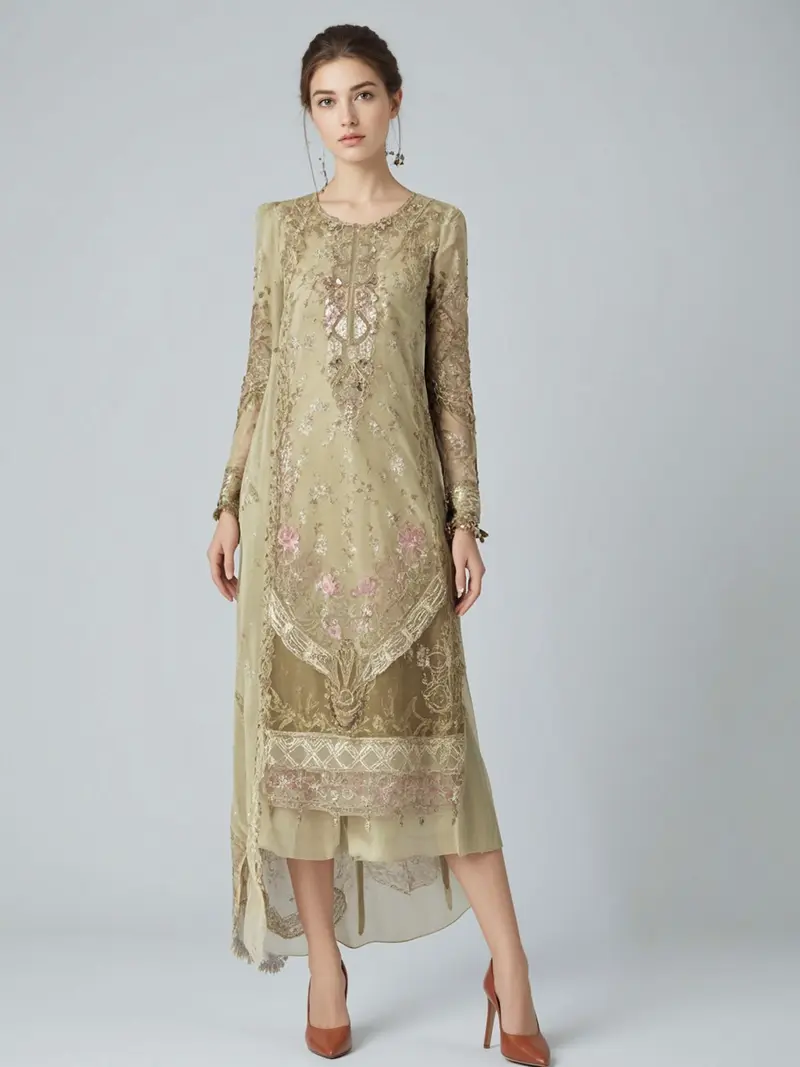open lace back dress White Monotone Solids Embroidered Organza Suit