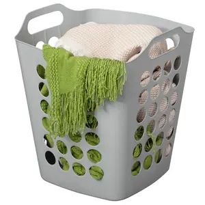 212 MAIN QI003857.L.GY 50L Square Flexible Plastic Laundry Sorter - Single Compartment, Waterproof, Perforated Ventilation, Side Handles - Gray Home Storage Hamper