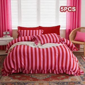 Ruffled Bedding Set, Pleated Bedding Sets, Romantic Striped Pattern 5-Piece Set, Modern Bedding Set, Includes Satin Pillowcases, Soft Comfortable Bedding, Perfect Gift