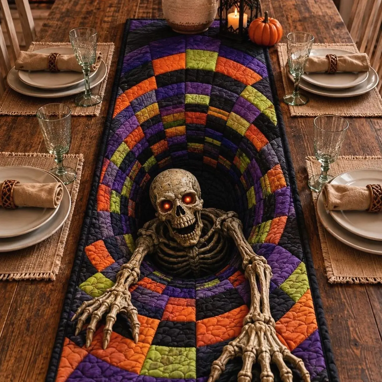 3D Skeleton Table Runner, Optical Illusion Halloween Topper, Spooky Tunnel Centerpiece, Creepy Gothic Decor, Horror Party Gift