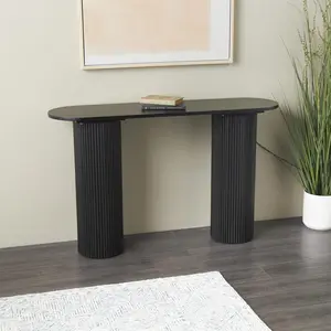 Geometric Black Wooden Oval Living Room Console Table with Ribbed Pillar Legs