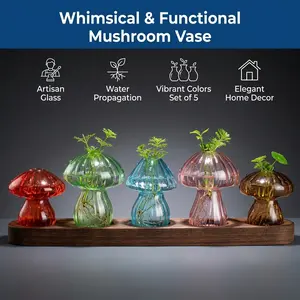 Glass Mushroom Vase Set of 5 - Colored Artisan Glass Propagation Station, Whimsical Hydroponic Plant Vases with Wooden Base, Cute Bud Vase for Water Rooting & Home Decor, Cottagecore Aesthetic Room Gift