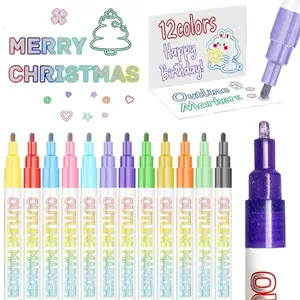 12-Color Glitter Outline Art Marker Pens – Double Line Shimmer Effect, DIY Graffiti & Highlight Pens for Scrapbook, Journaling, Posters, Cards, Creative Coloring Supplies