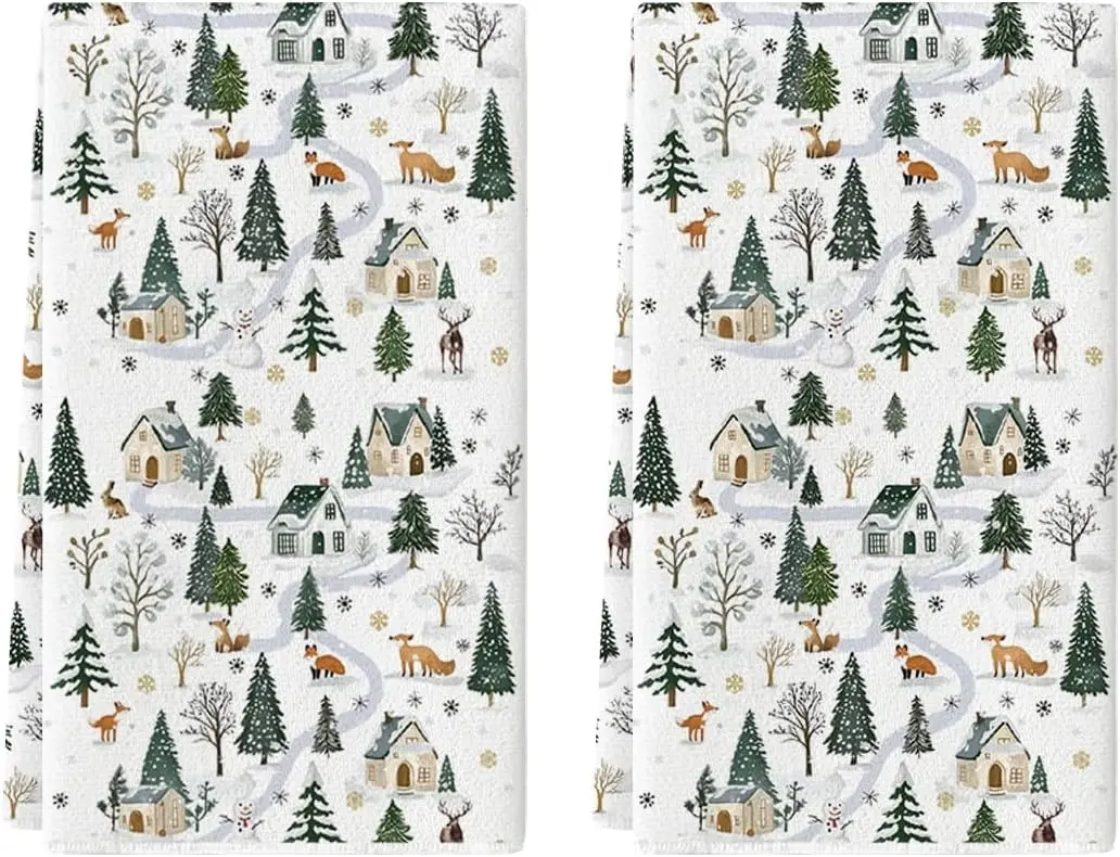 Soft Fox Snowman Snowflake Christmas Kitchen Dish Towels, 16x24 in Farmhouse Winter Decoration Cleaning Set (2-Piece)