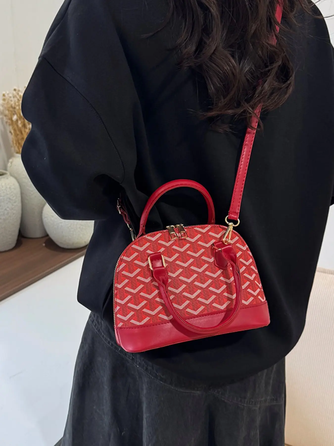2026 New Geometric Pattern Print Dome Crossbody Fashion Bag, Leather Trim Luxury Commuter Shoulder Handbag Purse