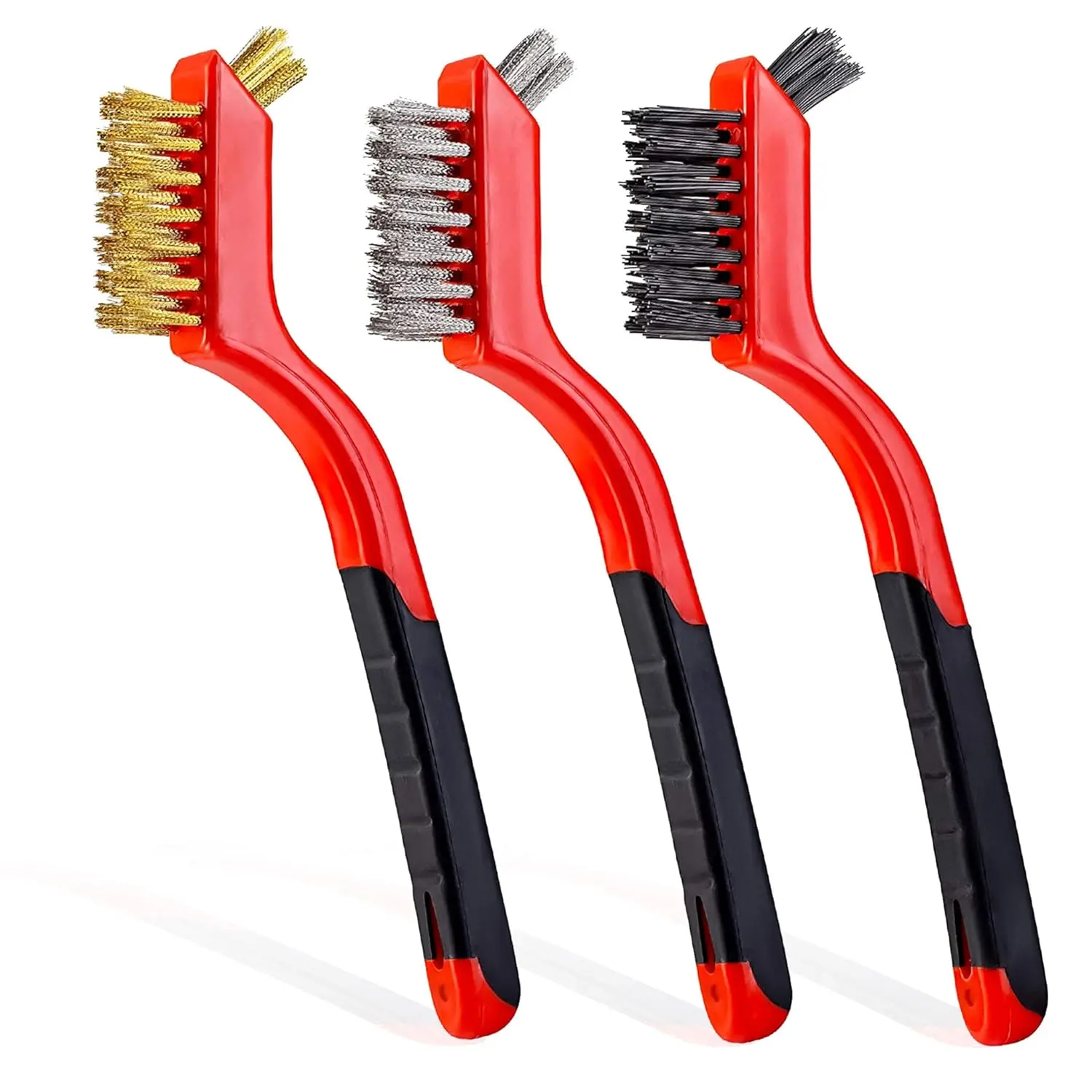 Wire Brush Set 3Pcs - Nylon Brass Stainless Steel Bristles with Curved Handle Grip for Rust Dirt & Paint Scrubbing with Deep Cleaning 7 Inches Red