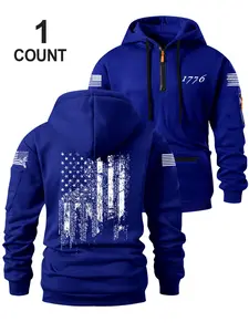Men's Half-Zip Hoodie Sweatshirt with Trendy Pocket Zip Design, Flag Pattern Print, Loose Fit, Comfortable Streetwear for Fall & Winter