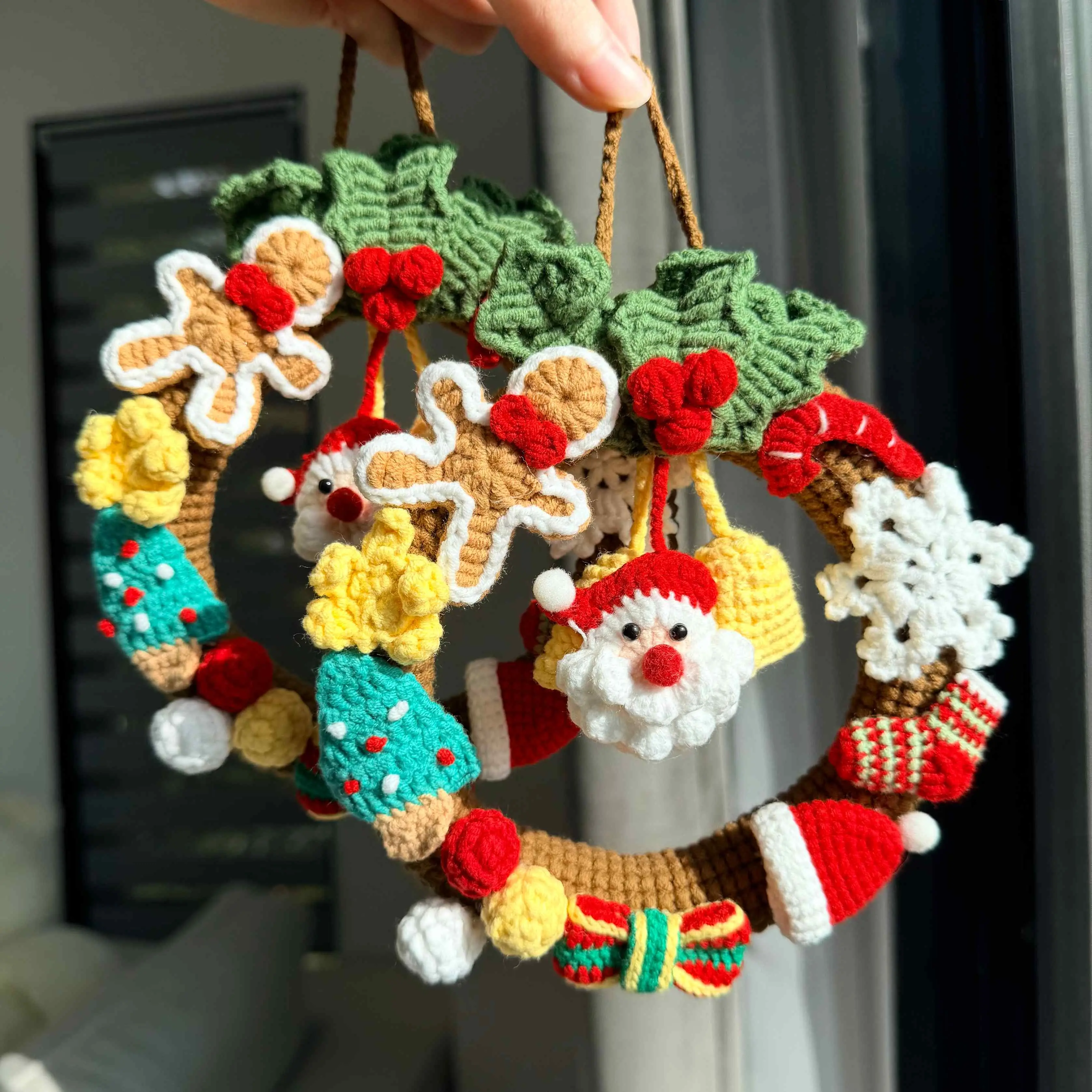 Crochet Christmas Wreath with Santa Gingerbread Snowflake Candy Cane
