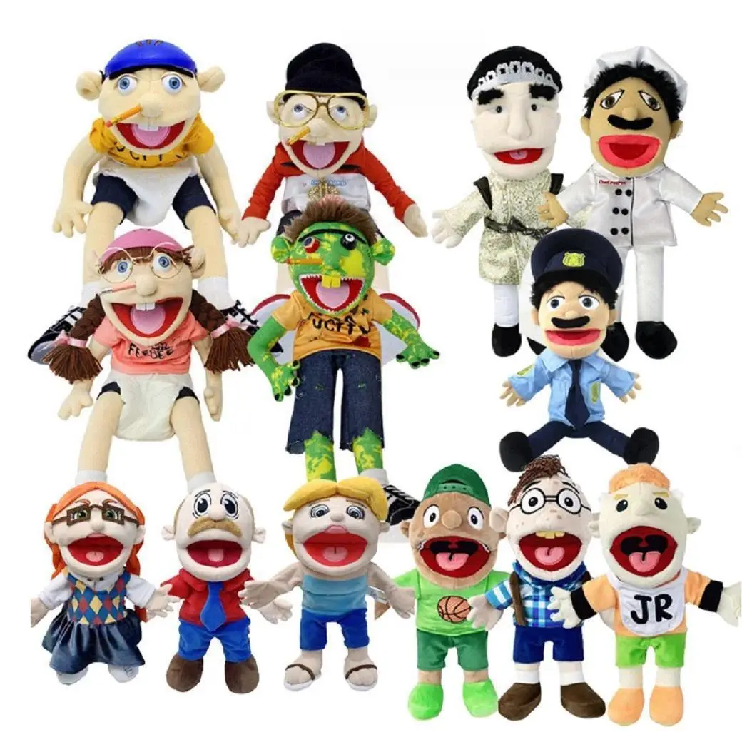 40-60cm Large Jeffy Puppet Plush Hat Game Toy Cartoon Feebee Hand Puppet Plushie Doll Family Puppet Parent-child Game Gifts