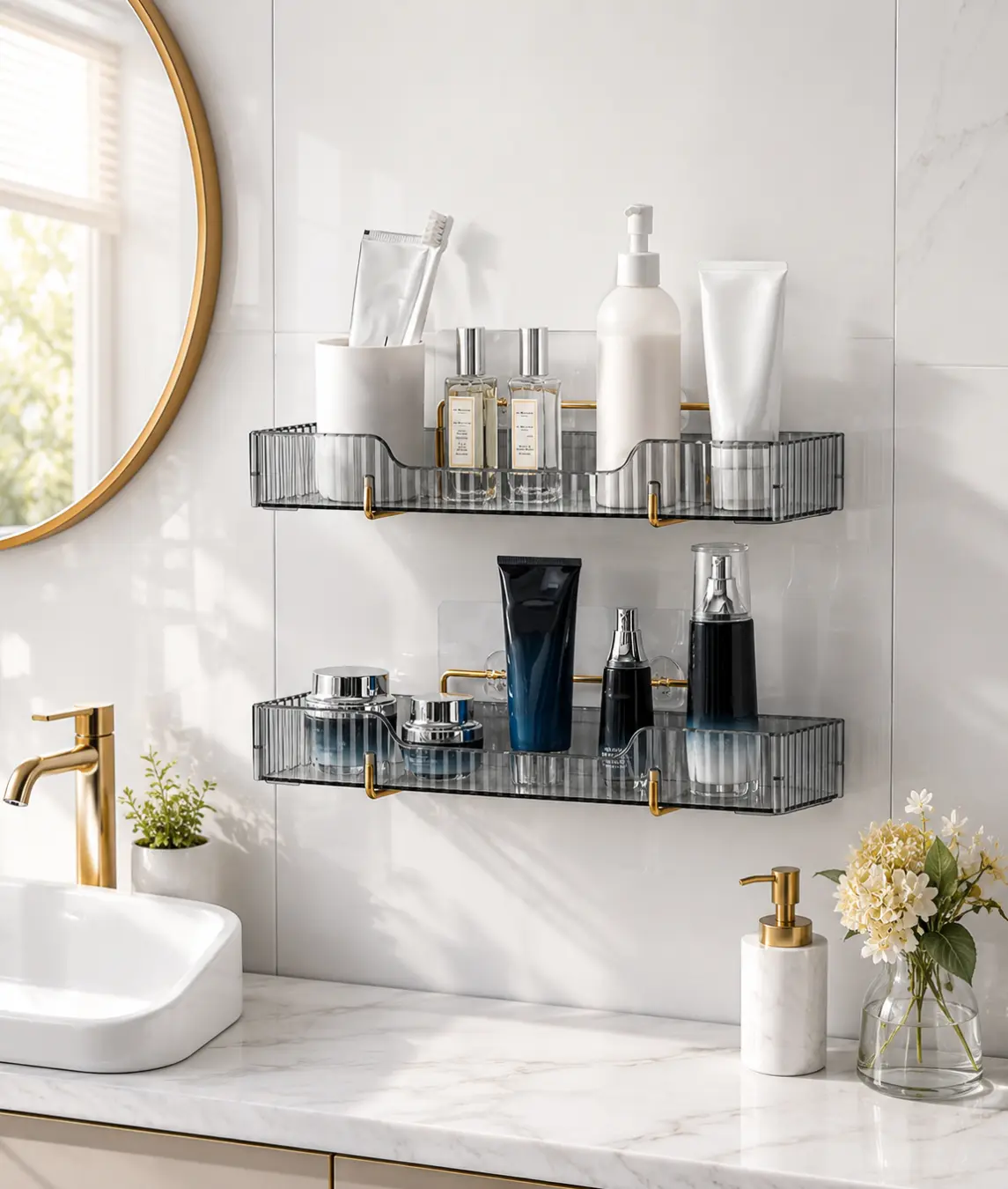 2pcs Adhesive Wall-Mounted Bathroom Storage Racks - Shower Shelf Caddies with Shampoo Gel Holders, Bathroom Organizing Accessories