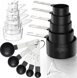 16PCS Measuring Cups and Spoons Set Stainless Steel Handles Dual Metric US Measurements Stackable Kitchen Tool for Dry Liquid Ingredients Black