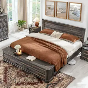 REDLEMON Country-style queen bed with a tall 80 cm headboard featuring four drawers and a storage stool for a wooden country-style bed frame