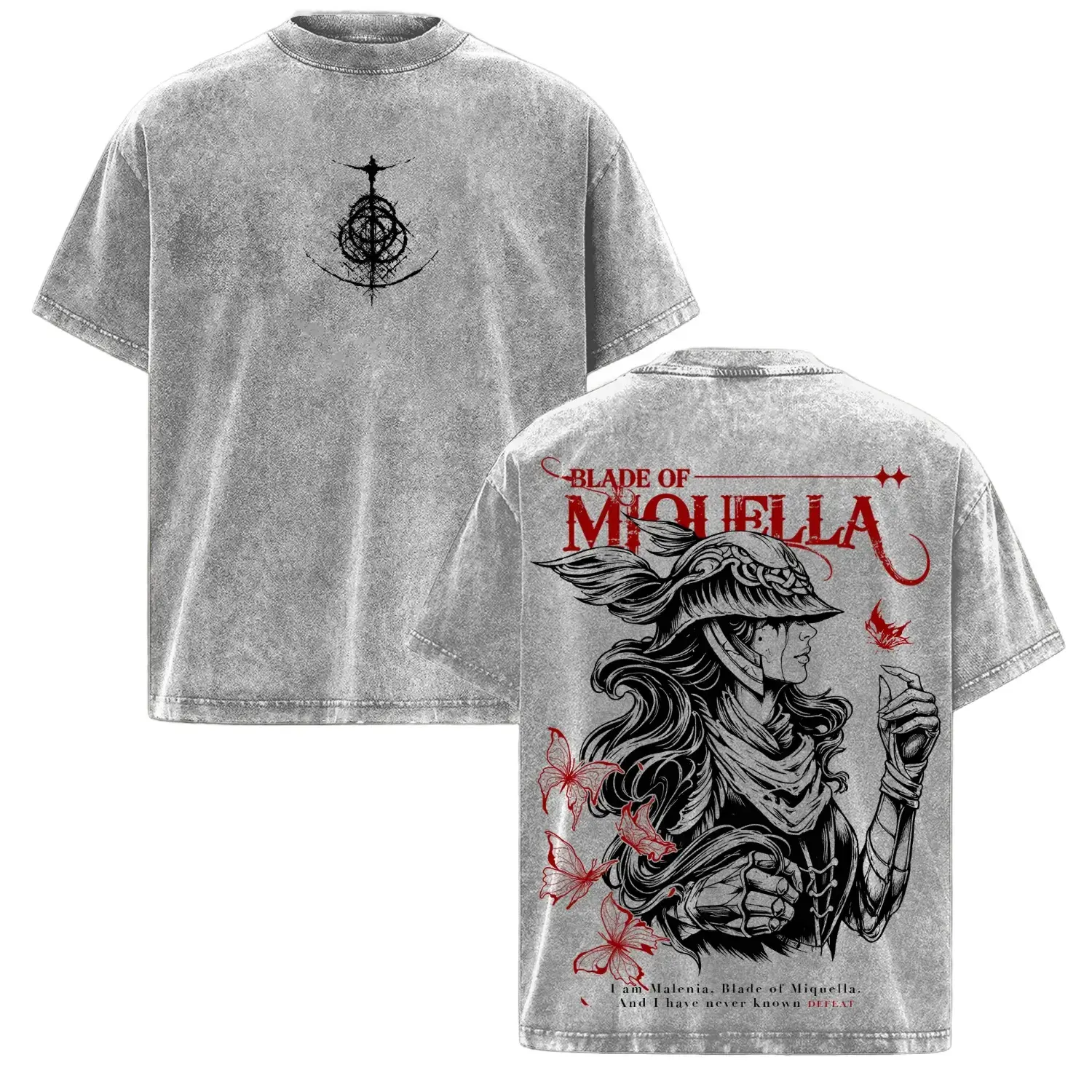 Malenia Blade of Miquella Elden Ring Vintage Washed Classic Short-Sleeve Seamless T-Shirt, Unisex Dark Fantasy Scarlet Rot Warrior Streetwear Top for Gamers, Shortsleeve, Oversized, Soft, Tshirt, Fabric, Apparel, Stylish