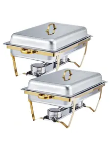 Gold Chafing Dishes For Buffet Set Of 2, 8QT Rectangular Buffet Servers And Warmers Sets W/Lid Holder, Stainless Steel Chafer Catering Supplies Buffet Display For Parties Casserole Kitchenware Bakeware