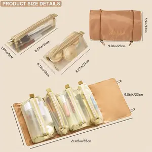 2PACK portable 4-in-1 Hanging Travel Toiletry Bag & Makeup Organizer - Eco-Friendly Polyester Roll-Up Cosmetic Bag with 4 Detachable Clear Zipper Pouches & Hook - Large Capacity