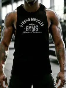 Men's Vintage Gym Print Muscle Fit Tank Top, Fitness Workout Vest, Breathable Sleeveless Workout Stringer Tank, for Gym Training, Bodybuilding, Breathable Athletic Cut Gym Apparel for Fitness Enthusiasts, Athletic Activewear