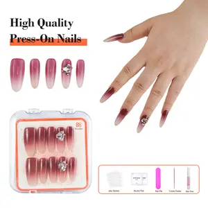 Summer Medium Rhinestones Press On Nails Tips, Contains Gel Nail Polish, Glue-on Red Gradient Glitter Nails for Nail Extension Nail Art DIY At Home