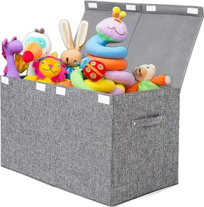 Large  Box Chest with Lid, Collapsible Sturdy  Storage Organizer Boxes Bins Baskets for, Boys, Girls, Nursery, Playroom, 25"x13" x16" (Linen Gray)