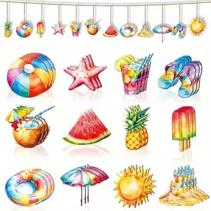 12-Piece Wooden Summer Decor Set, Tree Hanging Ornaments with Rope, Beach Decoration for Hawaiian Parties & Summer Events