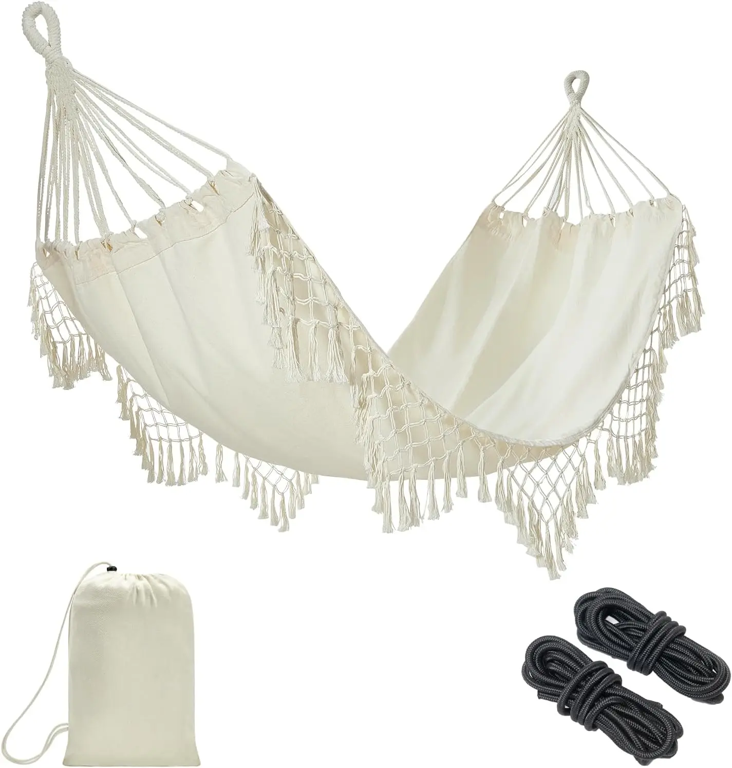 Boho Macrame Single Hammock with Hanging Ropes & Elegant Tassels 78.8x39.4 Portable Cotton Hammock for Patio Backyard Porch 300LBS Weight Capacity  for Outdoor/Indoor - Beige Color