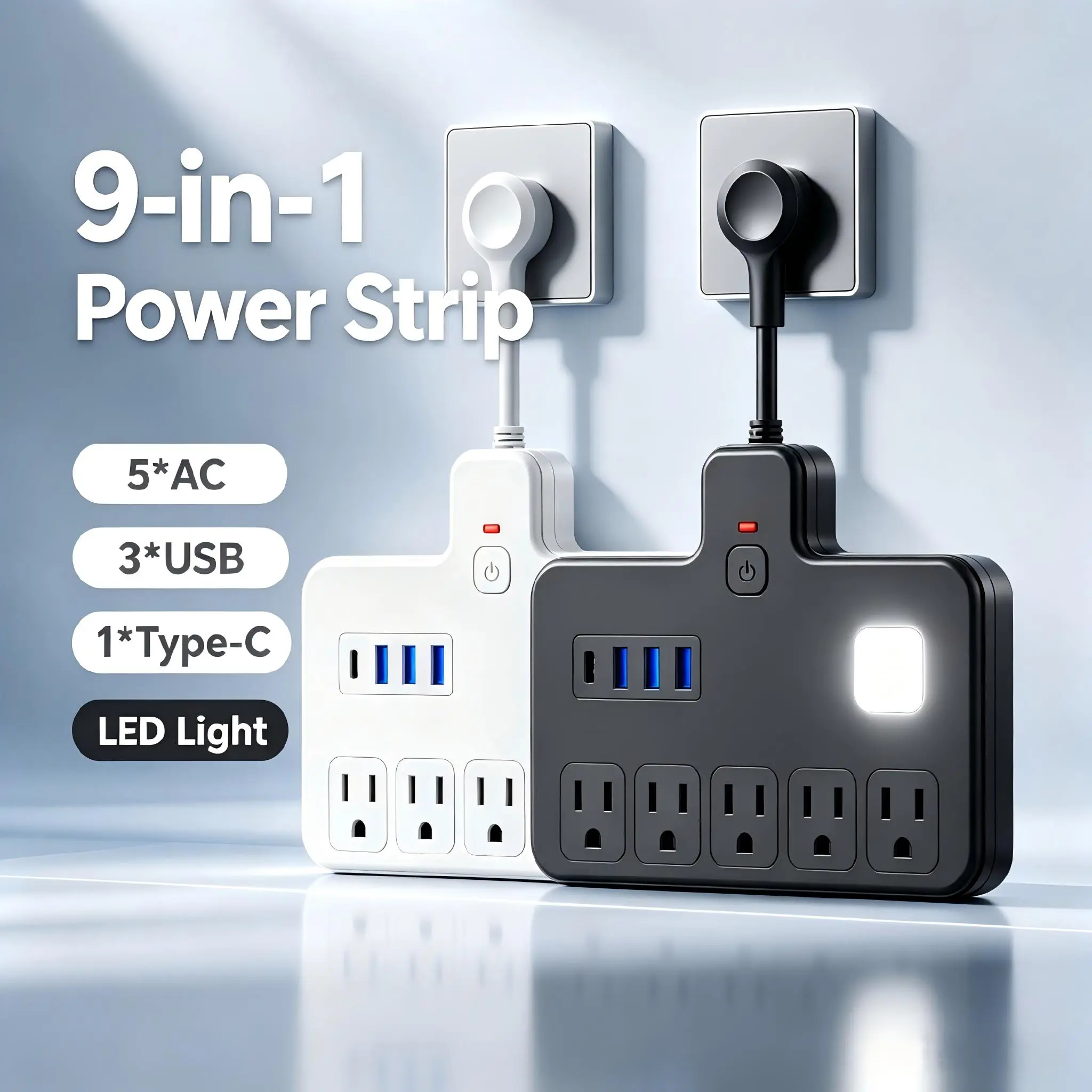 Minimalist 9-in-1 Multi-Function Power Strip with LED Night Light, 5 AC Outlets, 3 USB-A Ports, 1 USB-C Port, Surge Protection, Power On/Off Switch, Fire-Resistant Design, Ideal for Bedroom, Office Use
