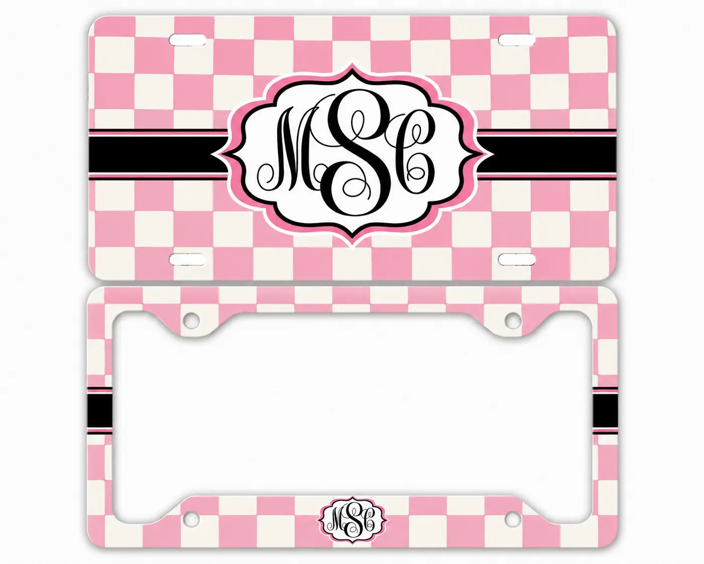 Personalized Pink Checkerboard Monogram License Plate and Frame Set Custom Initial Car Tag Cover Coquette Preppy Girly Auto Accessory Cute Checkered Vehicle Decor Gift for Women Girls USA Standard Size Custom Name Plate Decor