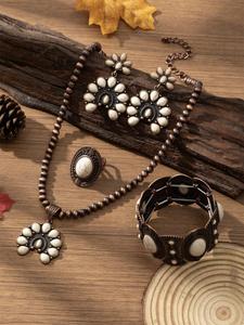 boho style turquoise decorated jewelry set, vintage pendant necklace &  earrings & ring & bracelet, fashion accessories for women & girls