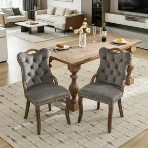 Vintage Tufted Velvet Dining Chairs Set of 2 – Handmade Tufted Trim, Solid Wood Handles & Copper Nailhead Trim, Curved Wood Legs, Elegant Upholstered Accent Chairs for Dining Room, Mid-Century Modern Farmhouse